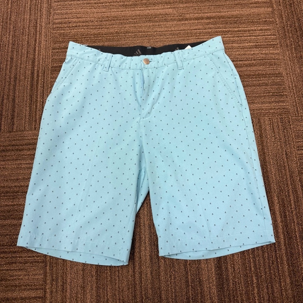 Adidas Light Blue Men's Flat Front Gold Shorts with Speckled Navy Blue Dots